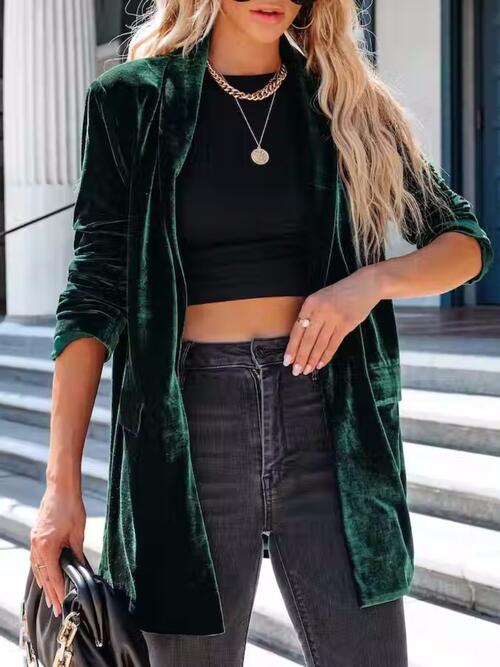 Velvet Button Up Long Sleeve Blazer with Pocket