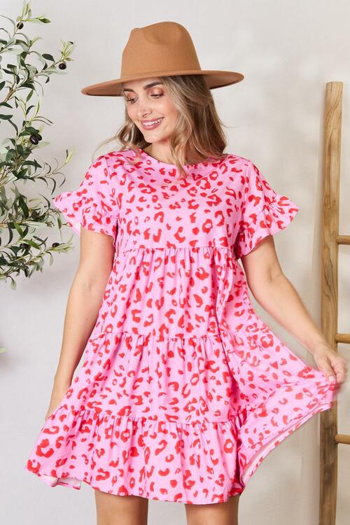 Double Take Pink Red Flounce Sleeve Tiered Dress