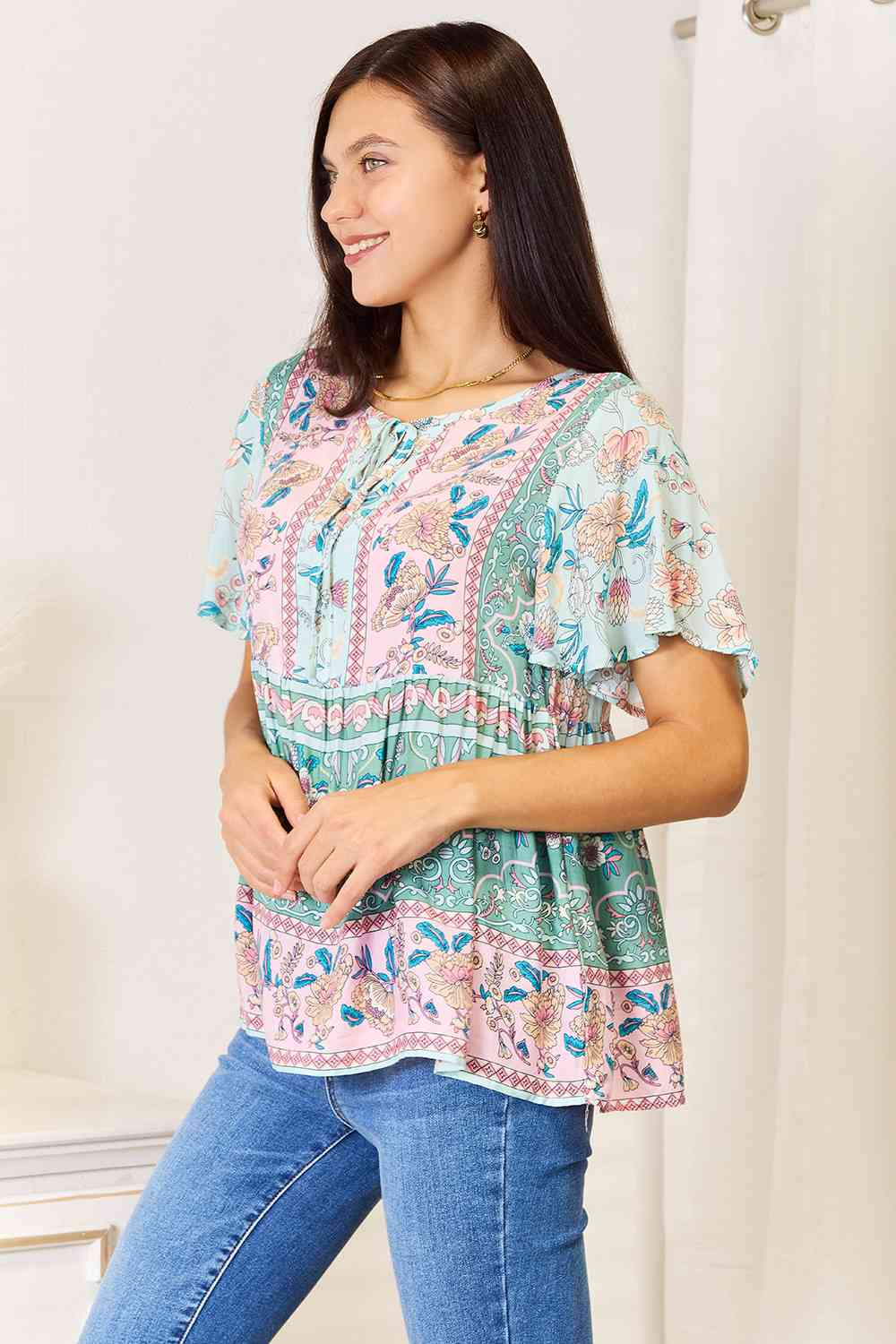 Take It Floral Boho Short Sleeve Blouse - RTS