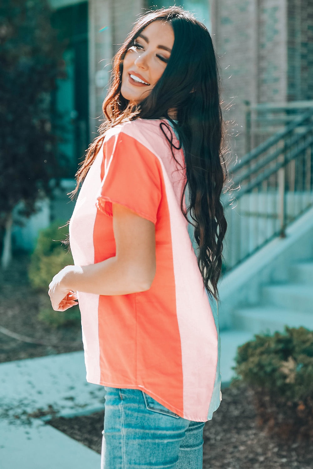 Color Block Pastel V-Neck Short Sleeve Top