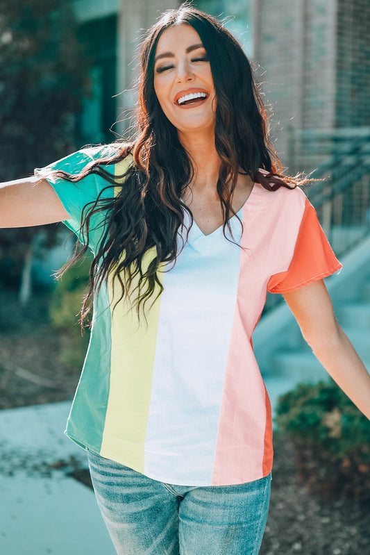 Color Block Pastel V-Neck Short Sleeve Top