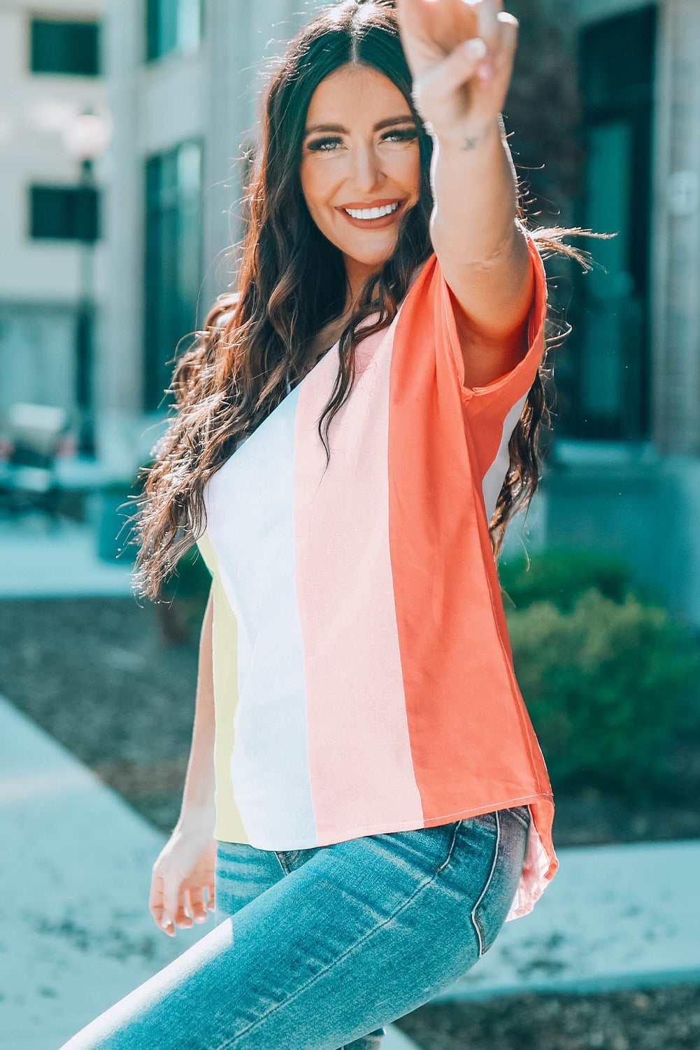 Color Block Pastel V-Neck Short Sleeve Top