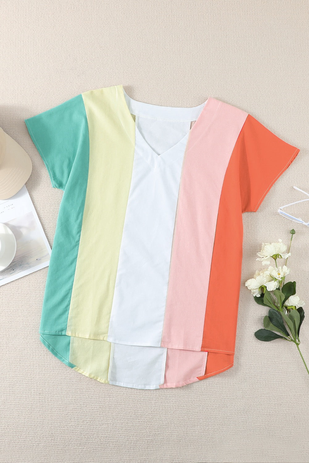 Color Block Pastel V-Neck Short Sleeve Top